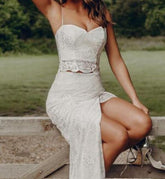 Boho Country Style Summer Lace Two Piece Spaghetti Straps Bridal Separates with Slit,20082692-Dolly Gown